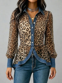 Long Sleeves Puff Sleeves Buttoned Contrast Color Leopard Pleated Split-Joint Lapel Blouses&Shirts Tops