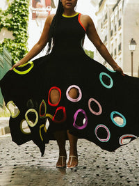 A-Line High Waisted Contrast Color Hollow Round-Neck Maxi Dresses