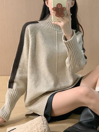 High-Low Long Sleeves Contrast Color Split-Joint Split-Side High Neck Pullovers Sweater Tops