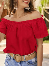 Loose Short Sleeves Elasticity Ruffle Trim Solid Color Off-The-Shoulder Blouses&Shirts Tops
