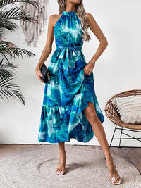 Loose Sleeveless Hollow Pleated Printed Split-Joint Tied Waist Round-Neck Midi Dresses