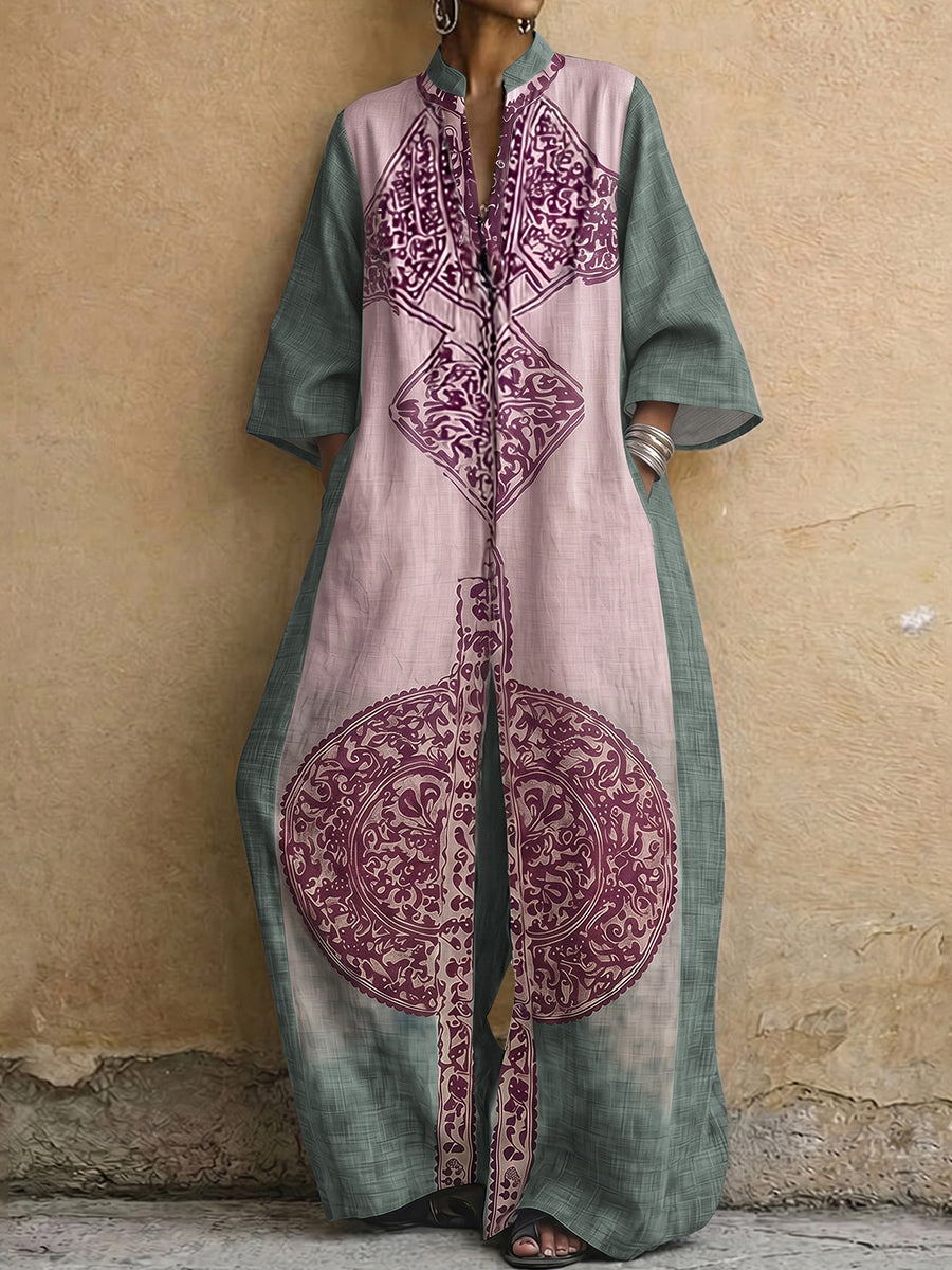 Loose Three-Quarter Sleeves Contrast Color Ethnic Printed Pockets V-Neck Jumpsuits