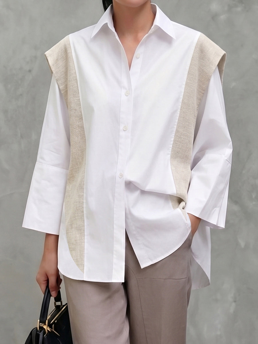 Flared Sleeves Long Sleeves Buttoned Contrast Color Split-Joint Lapel Blouses&Shirts Tops