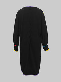 Long Sleeves Puff Sleeves Contrast Color Pockets Round-Neck Midi Dresses