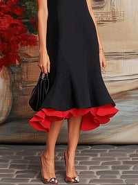 Loose Sleeveless Contrast Color Split-Joint Tiered High Neck Evening Dresses Midi Dresses