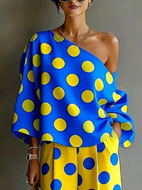 Long Sleeves Loose Asymmetric Polka-Dot One-Shoulder Blouses&Shirts Tops