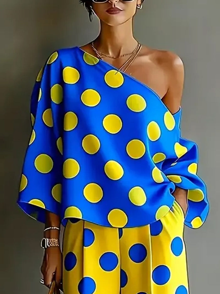 Long Sleeves Loose Asymmetric Polka-Dot One-Shoulder Blouses&Shirts Tops