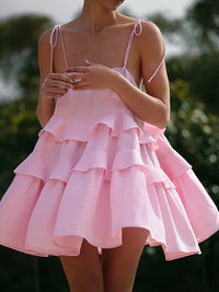 A-Line High Waisted Backless Layered Pleated Solid Color Spaghetti-Neck Mini Dresses