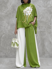 High Waisted Wide Leg Contrast Color Pockets Casual Pants Bottoms Trousers