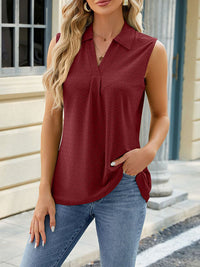 Loose Sleeveless Pleated Solid Color Split-Joint Lapel Vest Top