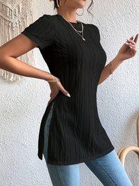 Short Sleeves Pleated Solid Color Split-Joint Split-Side Round-Neck T-Shirts