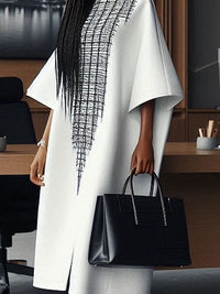 Loose Three-Quarter Sleeves Printed Split-Front Round-Neck Midi Dresses