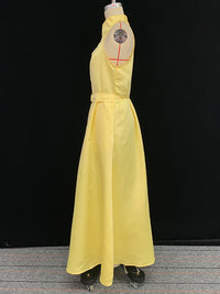 Belted Pleated Pockets Solid Color A-line Loose V-neck Midi Dresses