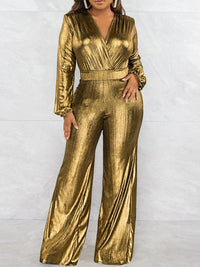 Bodycon High Waisted Elasticity Shiny Solid Color V-Neck Jumpsuits