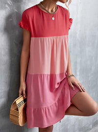 Loose Ruffle Sleeves Contrast Color Falbala Pleated Split-Joint Round-Neck Mini Dresses