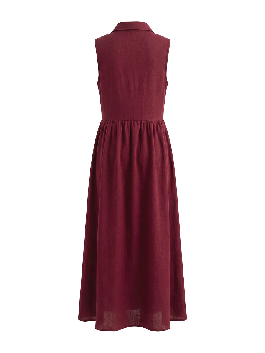 Buttoned Pleated Solid Color High Waisted Loose Lapel Maxi Dresses