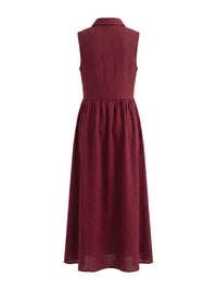 Buttoned Pleated Solid Color High Waisted Loose Lapel Maxi Dresses