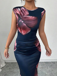 Bodycon Sleeveless Contrast Color Flower Print Round-Neck Maxi Dresses