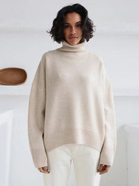 Casual Long Sleeves Loose Solid Color High-Neck Sweater Tops