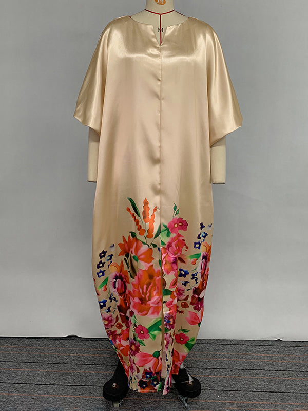 Elasticity Flower Print Split-Front A-Line Half Sleeves V-Neck Maxi Dresses