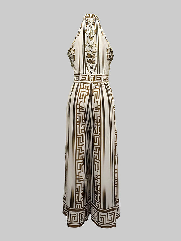 Sleeveless Wide Leg Printed Halter-Neck Jumpsuits