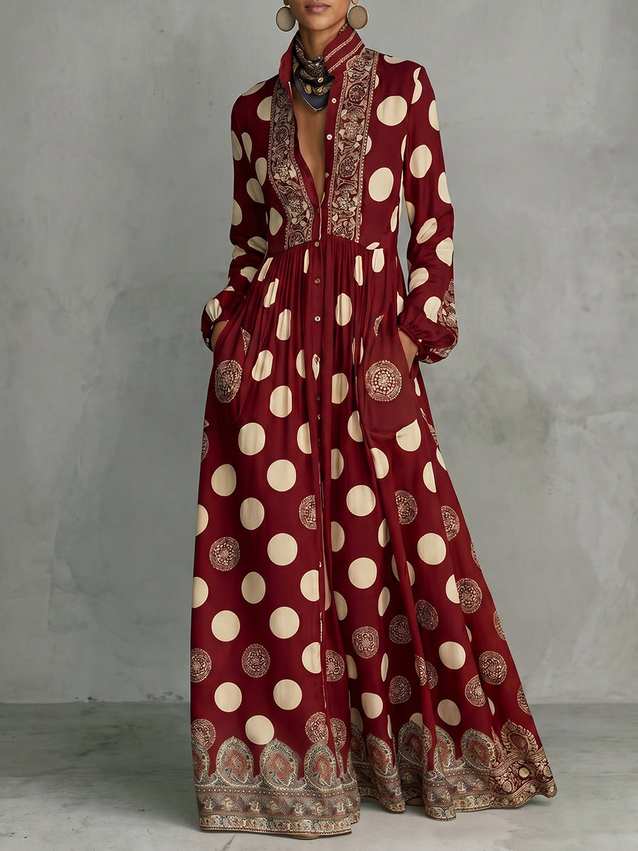 High Waisted Long Sleeves Big Hemline Buttoned Contrast Color Pleated Pockets Polka-Dot Stand Collar Maxi Dresses