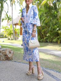 Flared Sleeves Loose Flower Print Split-Joint Split-Side Deep V-Neck Midi Dresses