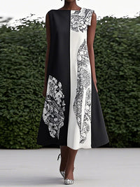 Loose Sleeveless Asymmetric Contrast Color Printed Round-Neck Maxi Dresses