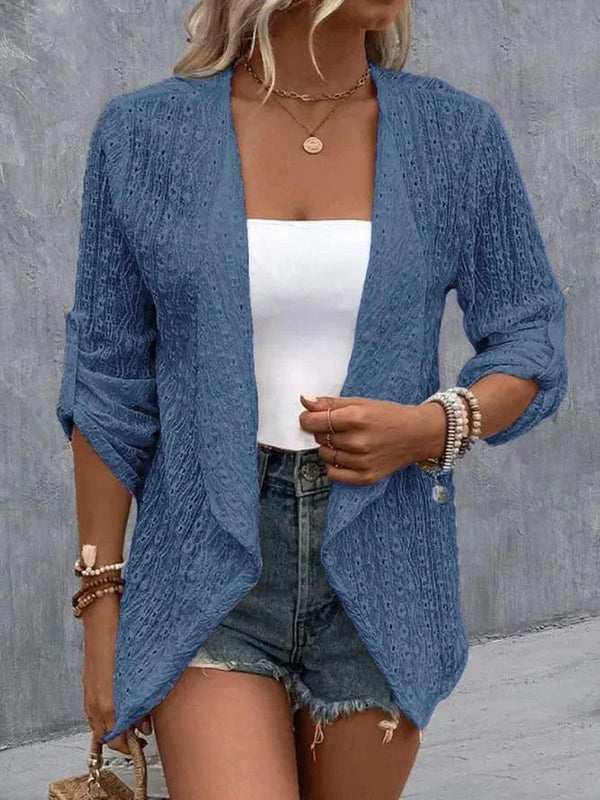 Long Sleeves Loose Buttoned Hollow Jacquard Solid Color Collarless Outerwear