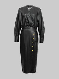 Long Sleeves Puff Sleeves Buttoned Pleated Solid Color V-Neck Midi Dresses