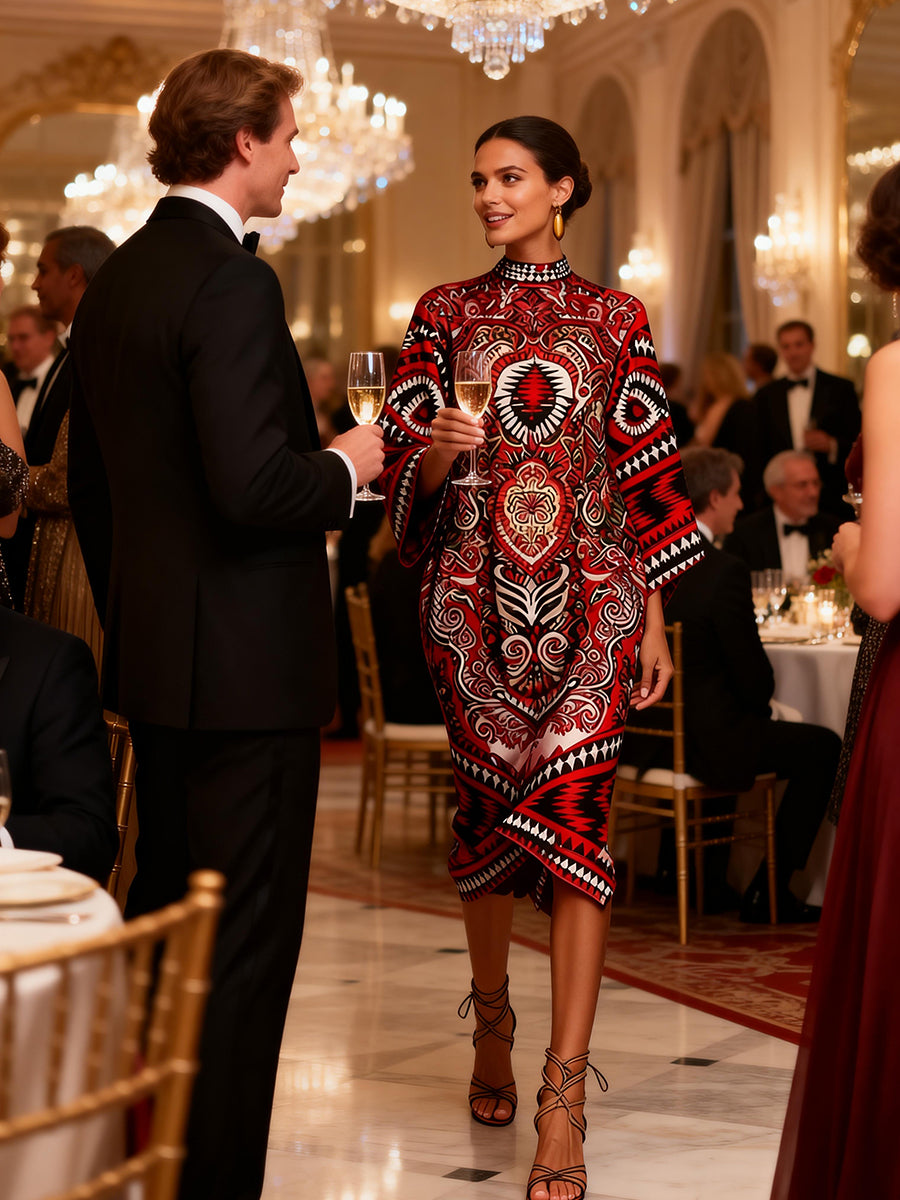 Contrast Color Flower Print Geometric Split-Joint Flared Sleeves Long Sleeves Round-Neck Midi Dresses