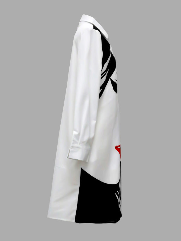 Long Sleeves Loose Buttoned Figure Printed Lapel Collar Midi Dresses