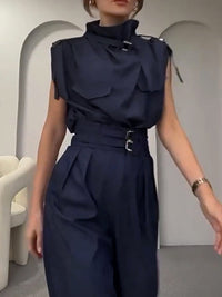 Loose Sleeveless Buckle Solid Color Stand Collar Blouses&Shirts Tops