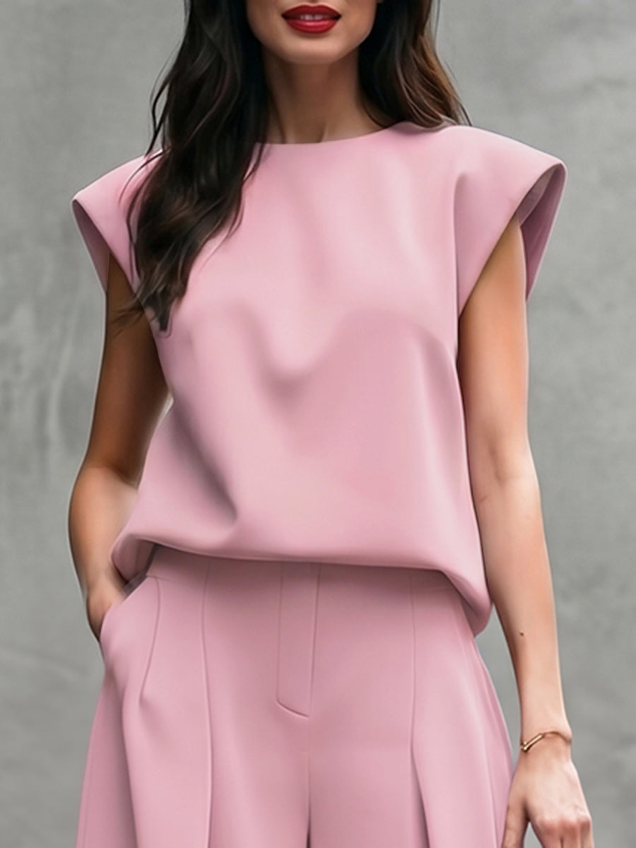 Cap Sleeve Loose Solid Color Round-Neck Blouses&Shirts Tops