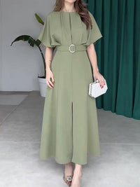 Loose Raglan Sleeve Pleated Split-Front Split-Joint Tied Waist Round-Neck Maxi Dresses