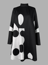A-Line Long Sleeves Polka-Dot Split-Joint Mock Neck Mini Dresses