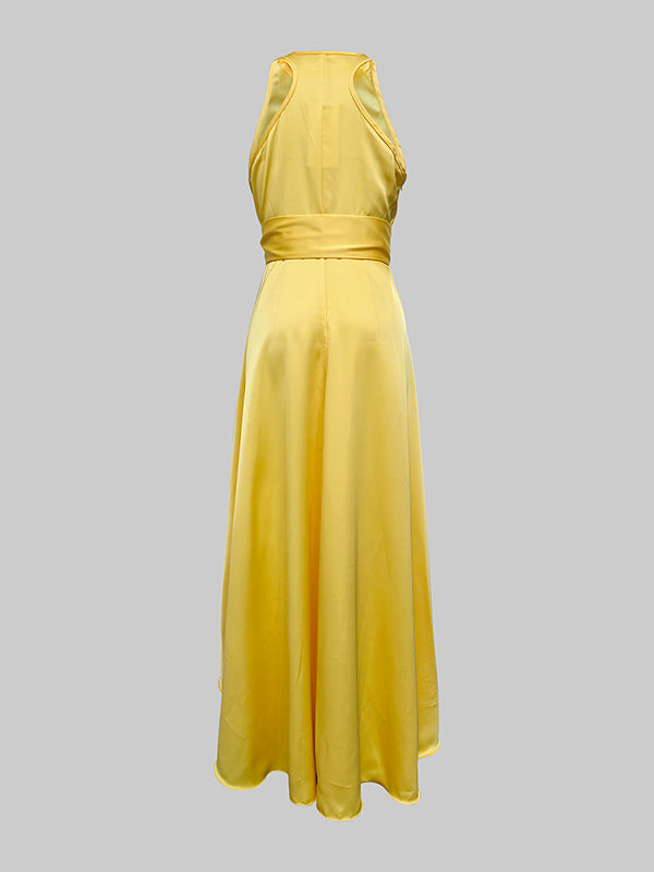 High-Low Loose Ruffle Trim Solid Color Tied Waist V-Neck Maxi Dresses