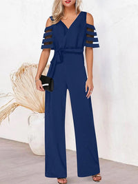 High Waisted Loose Hollow Mesh Solid Color Tied Waist V-Neck Jumpsuits
