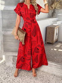 High Waisted Loose Buttoned Contrast Color V-Neck Jumpsuits