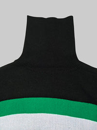 Flared Sleeves High-Low Contrast Color Split-Joint High Neck Pullovers Sweater Tops