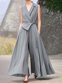 High Waisted Loose Pleated Pockets Solid Color Tied Notched Collar Jumpsuits