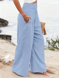 Pleated Pockets Solid Color Split-Joint Elasticated Waist High Waisted Pants