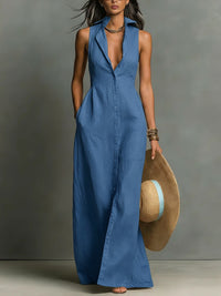 A-Line High Waisted Buttoned Pockets Solid Color Lapel Maxi Dresses Shirt Dress