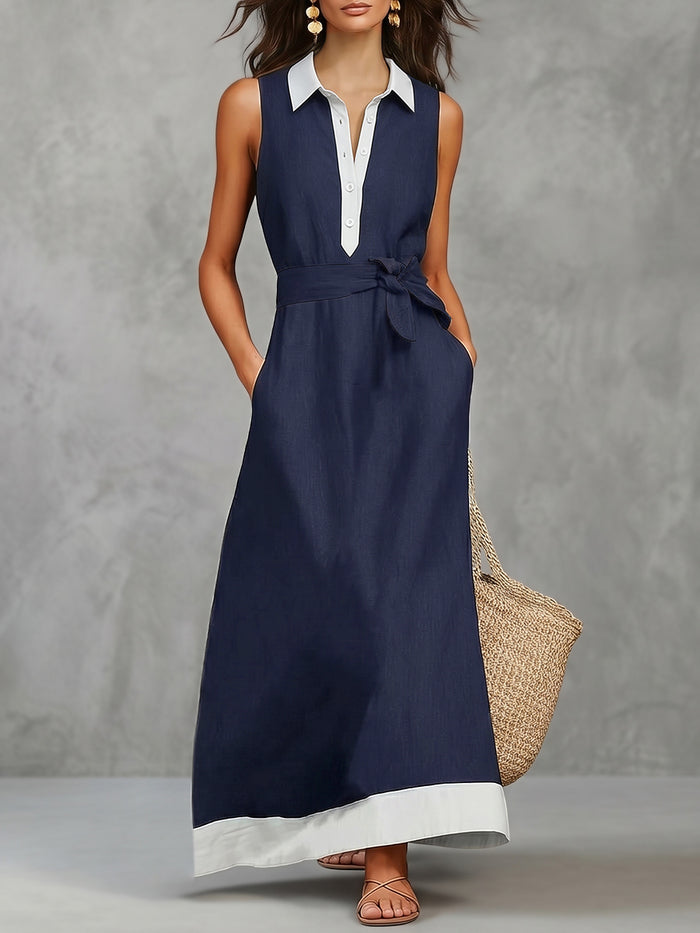 A-Line Loose Buttoned Contrast Color Pockets Tied Zipper Lapel Maxi Dresses