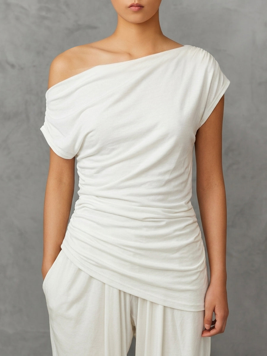 Asymmetric Pleated Solid Color Loose Sleeveless One-Shoulder Blouses&Shirts Tops
