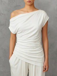 Asymmetric Pleated Solid Color Loose Sleeveless One-Shoulder Blouses&Shirts Tops