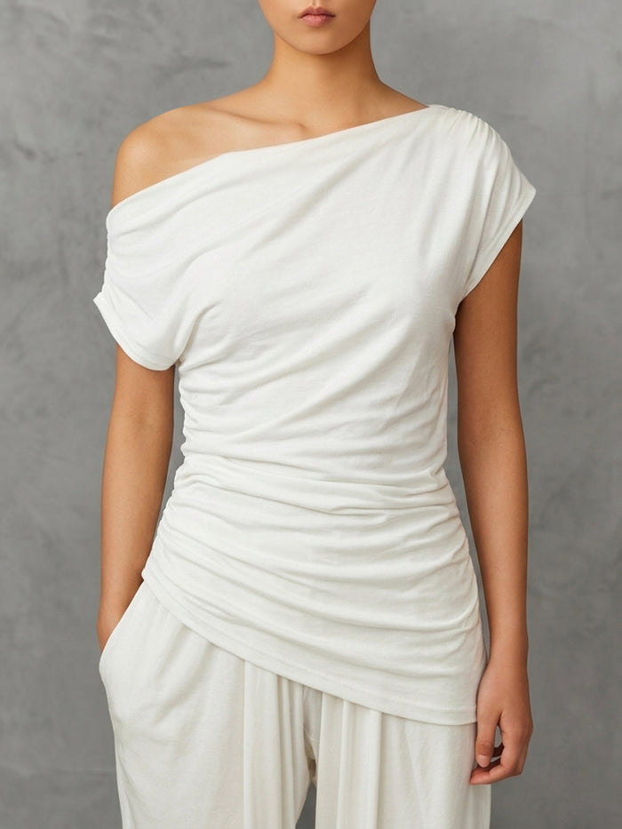 Asymmetric Pleated Solid Color Loose Sleeveless One-Shoulder Blouses&Shirts Tops