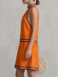 A-Line Sleeveless Contrast Color Pockets Zipper Halter-Neck Mini Dresses
