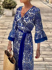 A-Line Flared Sleeves Pleated Printed Split-Joint Tied Waist V-Neck Maxi Dresses