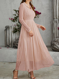 High Waisted Long Sleeves Buttoned Gauze See-Through Solid Color V-Neck Maxi Dresses